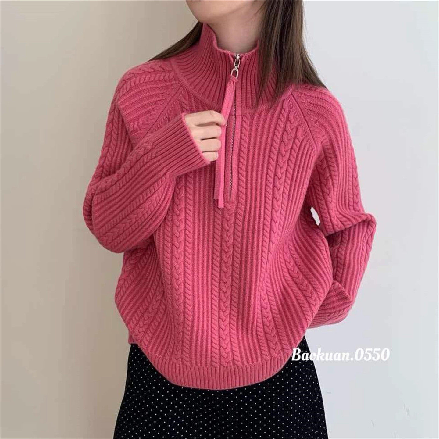 慵懒半拉链麻花宽松针织衫女毛衣