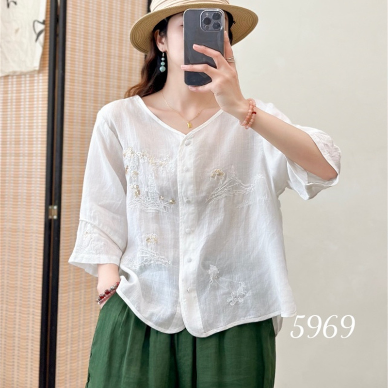 新中式苎麻刺绣衬衫女2025夏新款