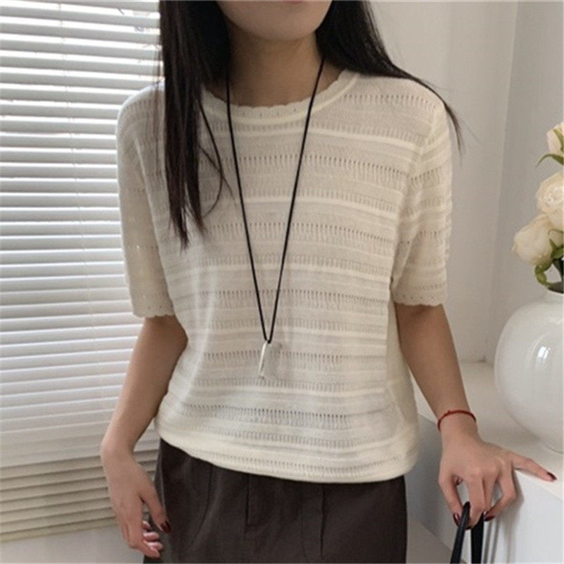 韩版冰丝条纹针织衫女短袖2025夏季新款宽松显瘦上衣百搭薄款毛衣