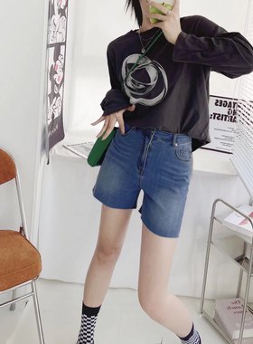 夏高腰4分女直筒牛仔短裤