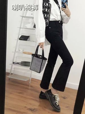 超赞版型25冬款加绒加厚半棉薄绒弹力大高腰黑灰色女牛仔微喇长裤