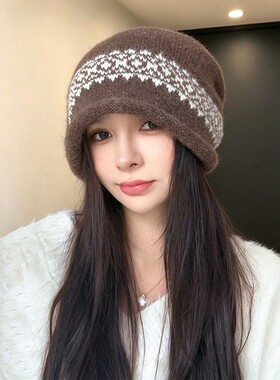 复古抽绳堆堆帽女士秋冬季时尚大头围毛线帽子百搭保暖提花针织帽