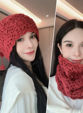 手工钩花围脖一体针织帽子女秋冬季保暖护脖毛线帽洋气百搭包头帽