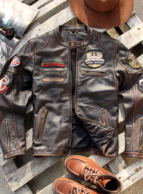 阿美咔叽真皮皮衣男复古做旧牛皮立领修身多标J100机车皮夹克外套