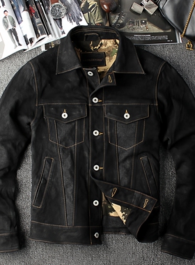 新品复古做旧真皮皮衣男山羊皮翻领修身557X牛仔款机车皮夹克外套