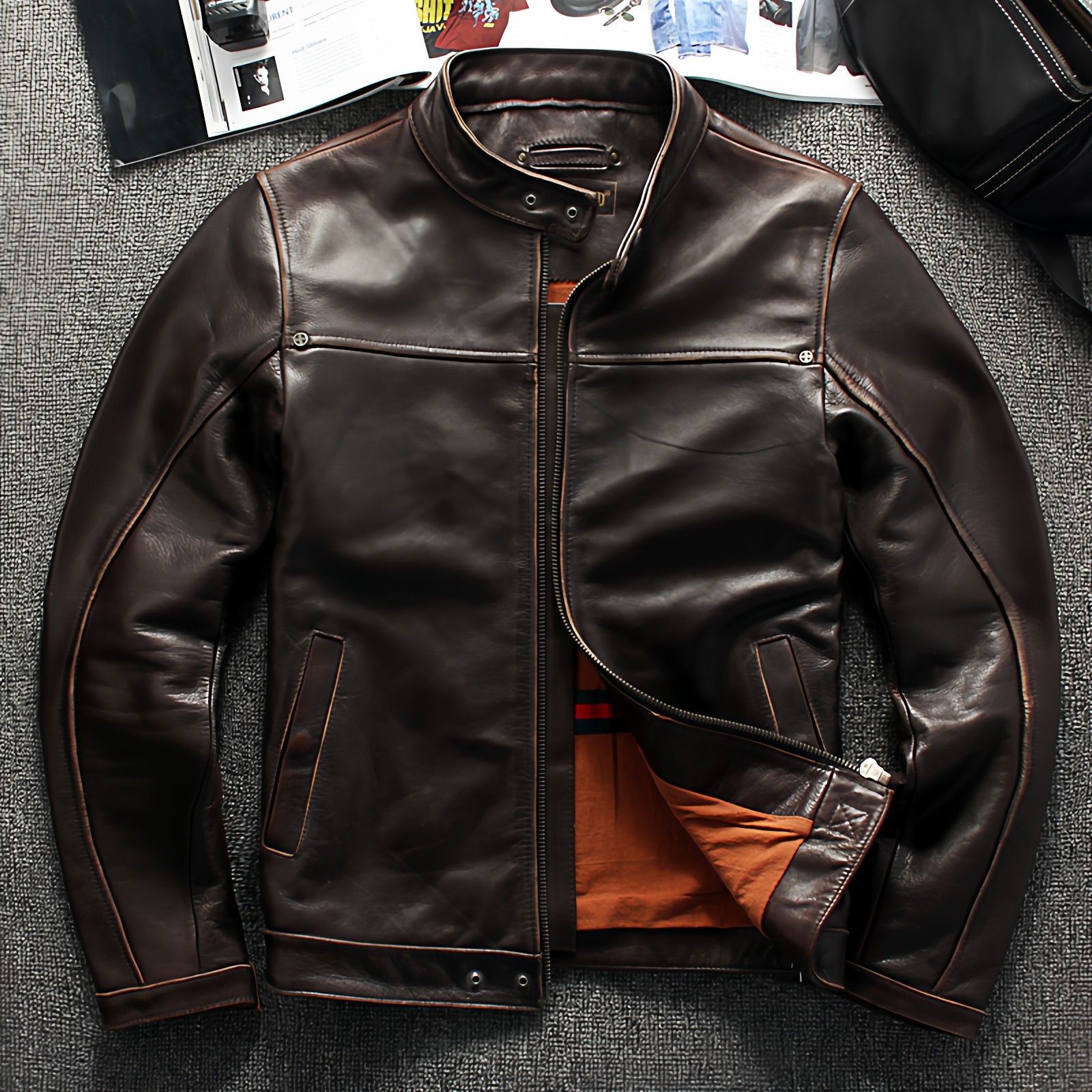 新品真皮皮衣男复古磨边做旧头层牛皮立领修身短款机车皮夹克外套