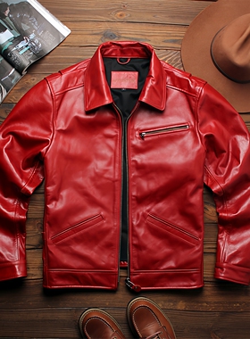 1930复古经典大红色真皮皮衣男士头层油蜡牛皮翻领修身皮夹克外套
