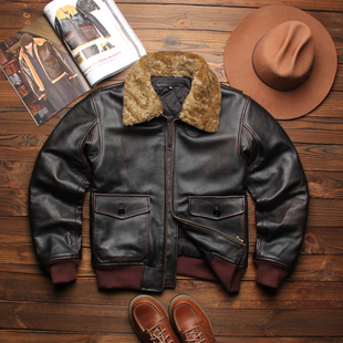 冬季 毛领G1飞行服皮夹克外套 真皮皮衣男擦色做旧牛皮加棉保暖修身