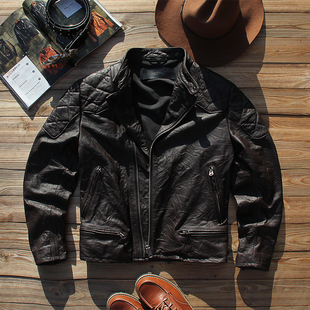 复古真皮皮衣男手抓纹头层牛皮休闲翻领斜拉链短款 皮夹克外套 修身