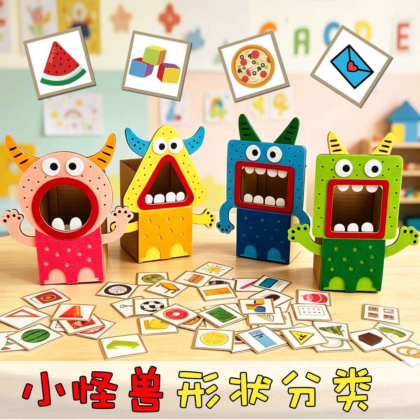 幼儿园小中班小怪兽喂食物形状分类手工盒子益智区玩教具游戏材料