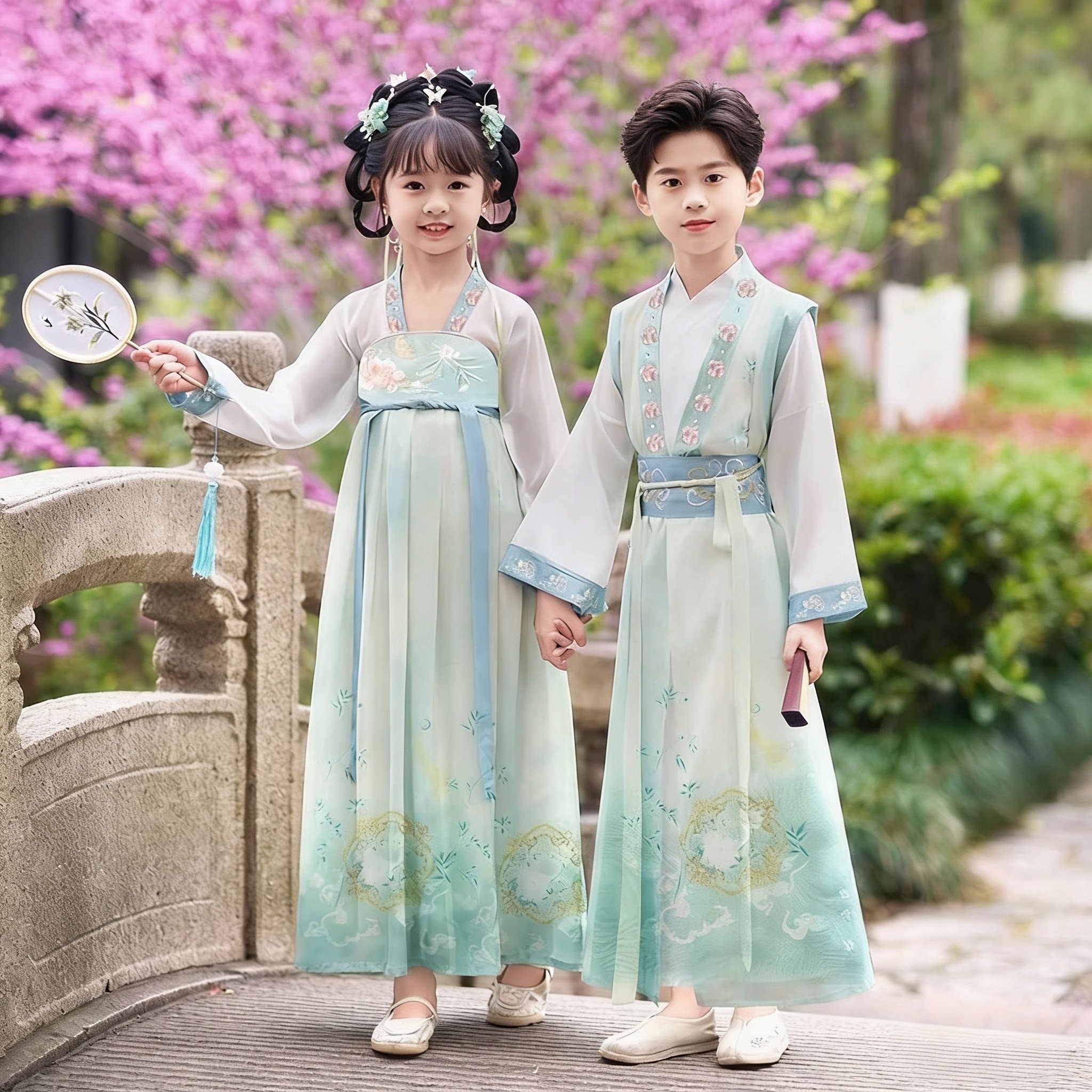 男女童新款国学汉服幼儿园六一合唱演出服新中式连衣裙飘逸雪纺衫