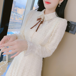 蕾丝加绒连衣裙子女秋冬装 高级感气质收腰显瘦打底仙女 2023年新款