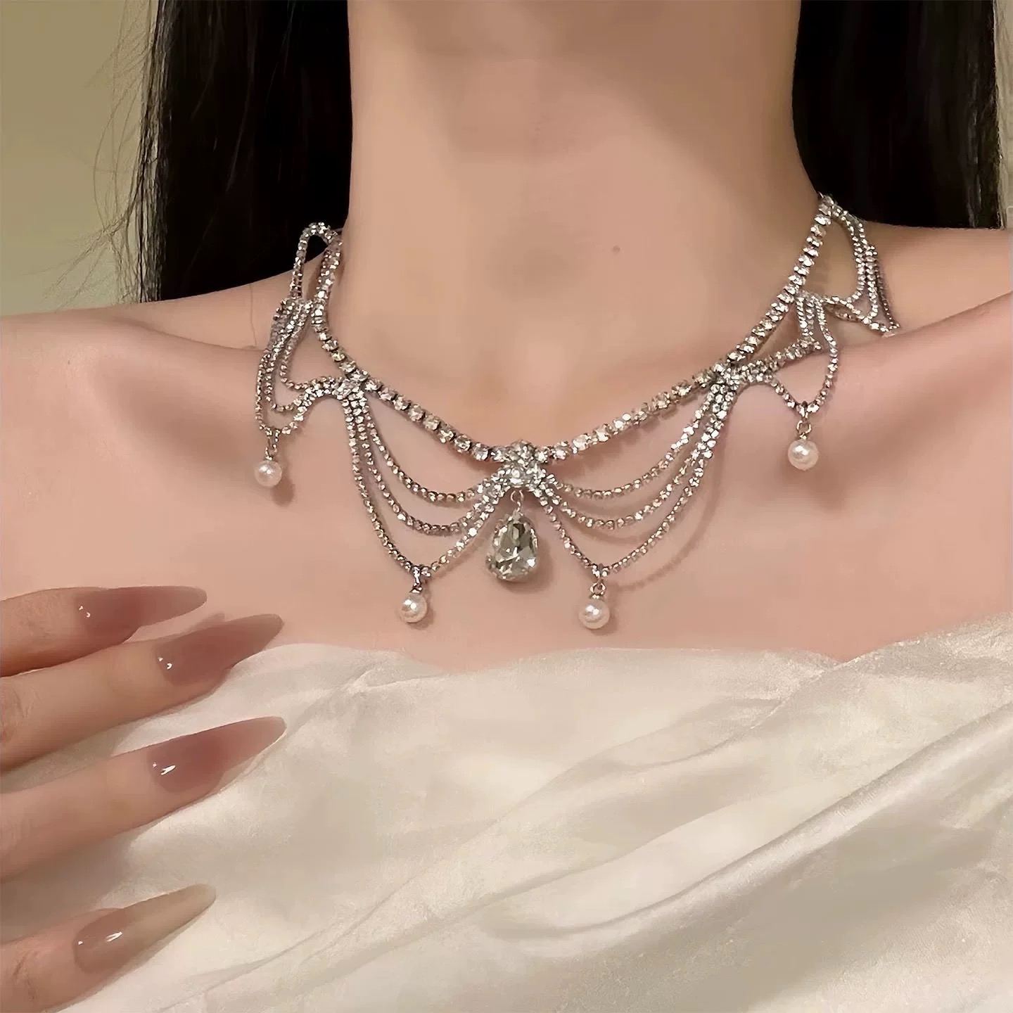 法式复古水钻仿珍珠流苏项链女