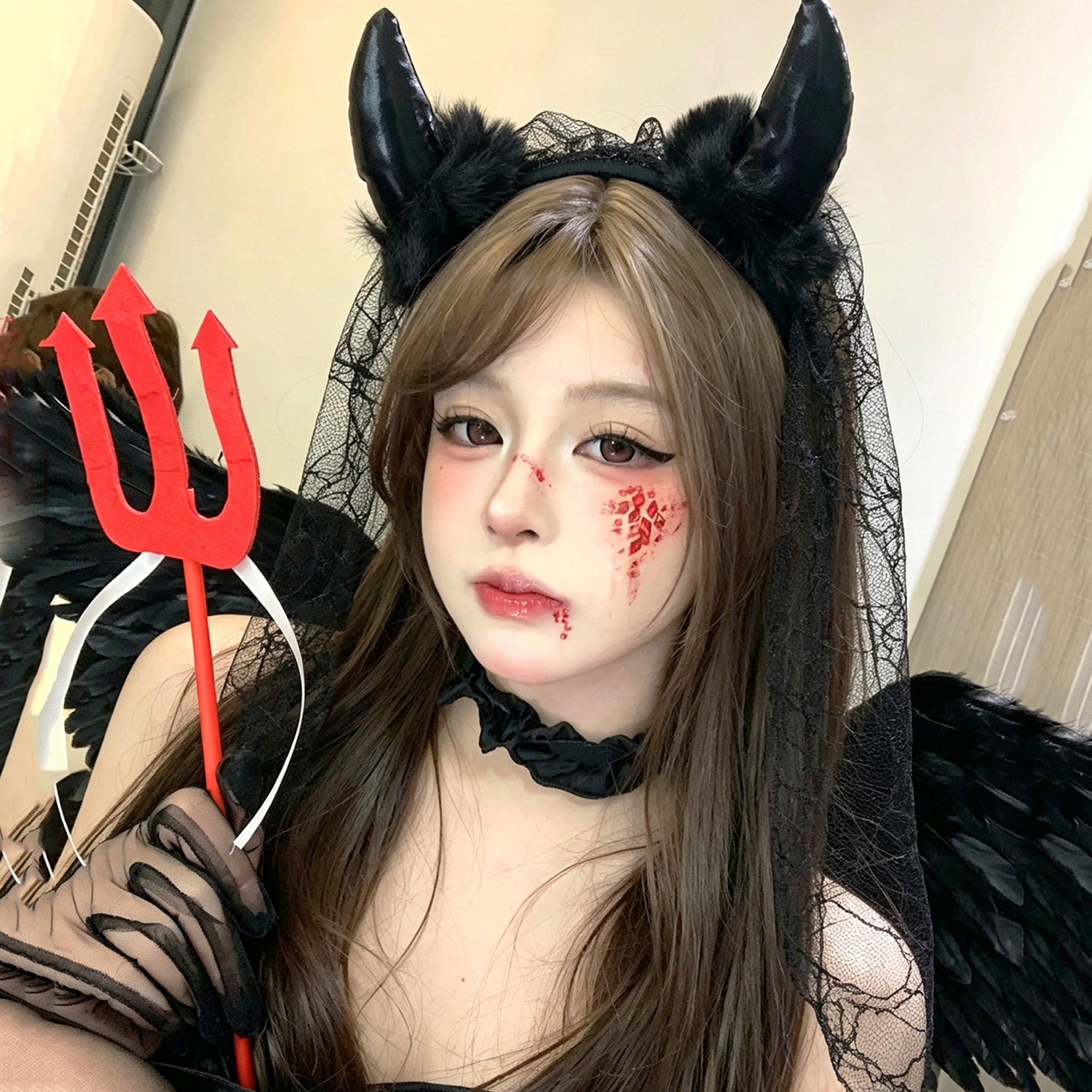 万圣节恶魔角网纱头纱发箍毛绒牛角头纱头饰cos小恶魔氛围感装扮