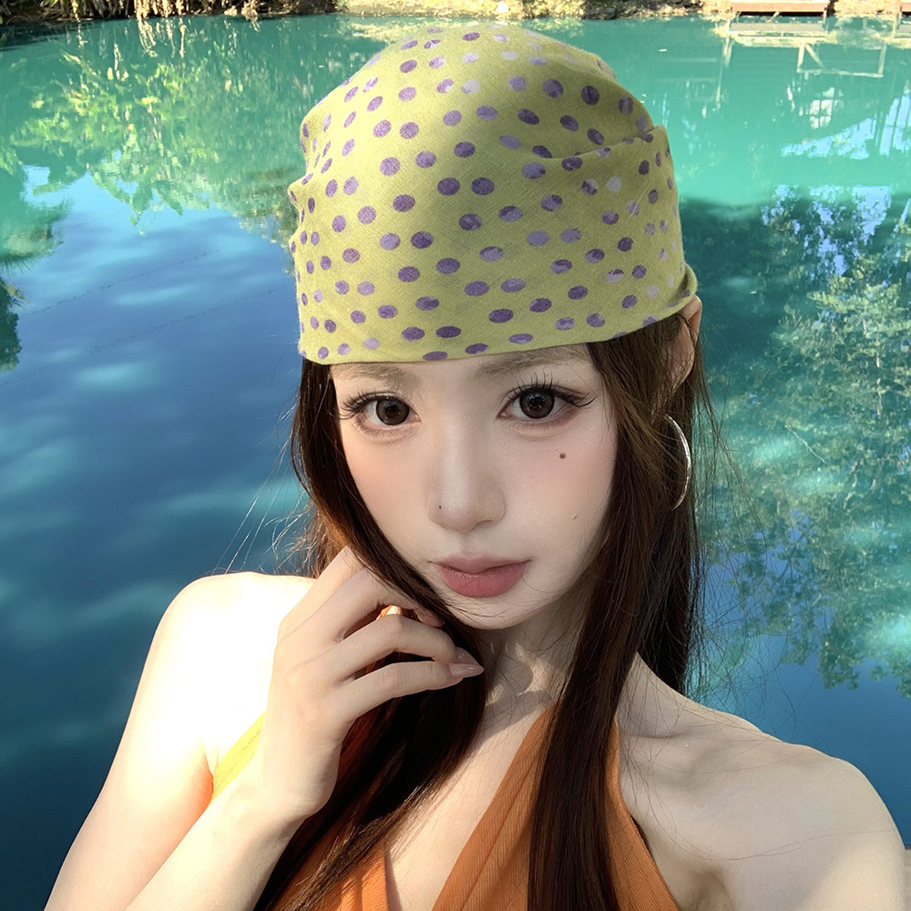 甜酷辣妹撞色波点棉麻头巾女韩系印花y2k方巾多功能系脖裹胸丝巾