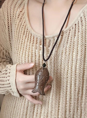 复古民族风新中式项链百搭手工长款木鱼吊坠夏季优雅气质文艺颈链
