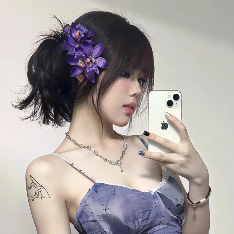 甜美度假风紫色花朵发夹简约气质轻奢女侧边夹小众高级感发卡发饰