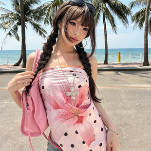 海边度假风波点百合花丝巾女辣妹性感抹胸方巾小狗印花趣味上衣