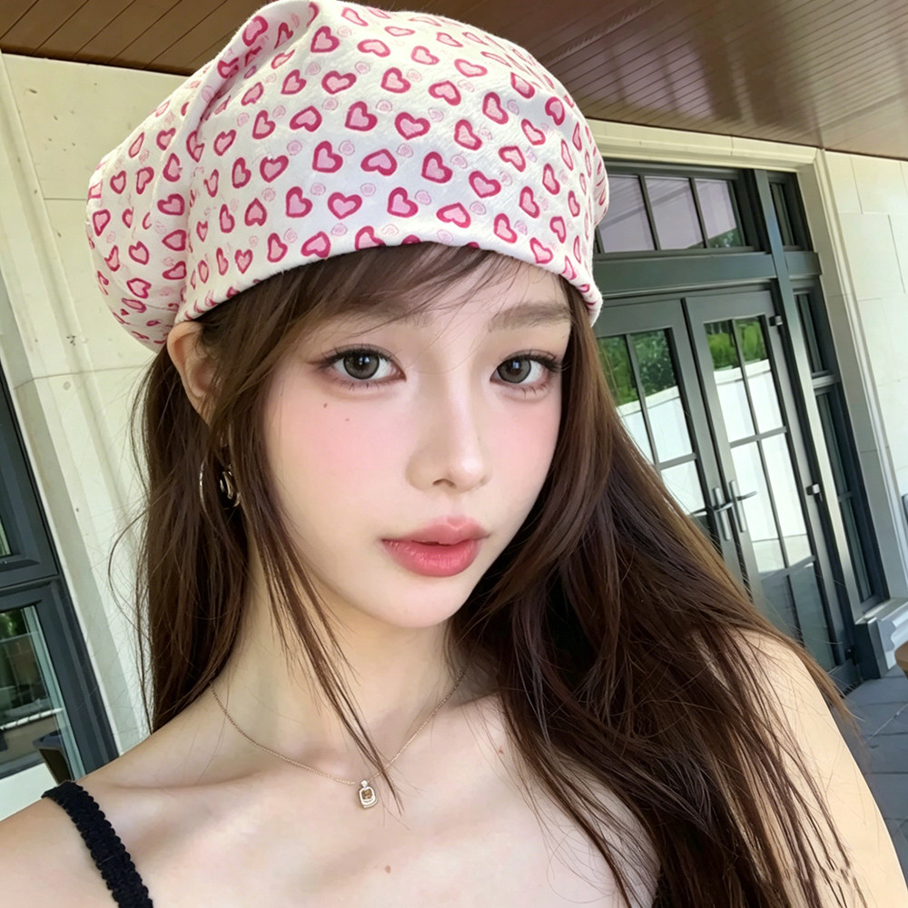 甜酷少女小爱心印花头巾女千禧辣妹y2k包头方巾百搭小众设计丝巾