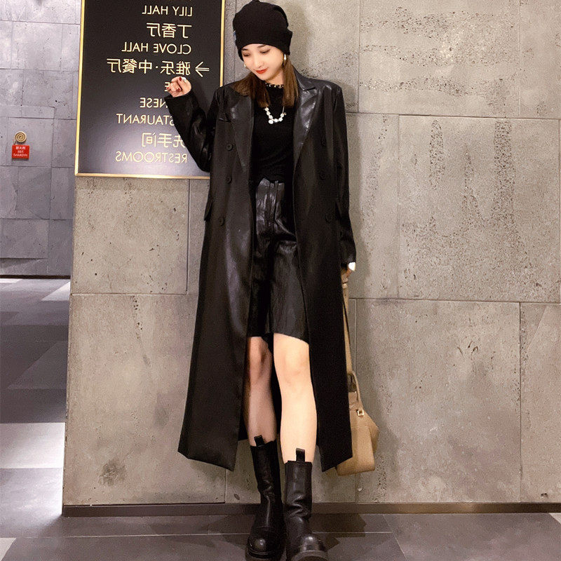 超长款皮风衣女2021年新款欧洲站ins潮秋装复古港风皮衣外套高级