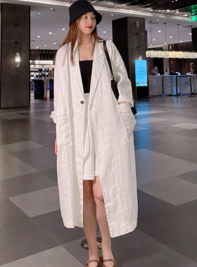 风衣女款亚麻西装外套女长款过膝高级感爆款炸街薄款夏天棉麻上衣