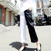 女阔腿裤 洋气春夏季 新款 亚麻裤 黑白拼色AB面宽松网红棉麻九分裤 潮