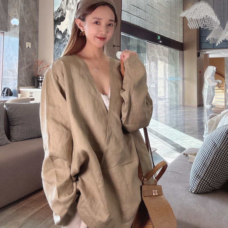 亚麻高级小众不撞款上衣V领宽松