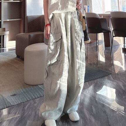 亚麻裤子女款夏松弛感洋气宽松显瘦工装裤薄款裤脚抽绳休闲长裤潮