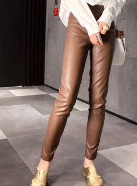 哑光皮裤女春秋款欧货修身百搭小脚铅笔裤配靴子洋气PU皮九分裤潮
