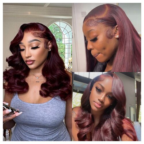 Dark 99J Burgundy frontal closure straight body wave  wig