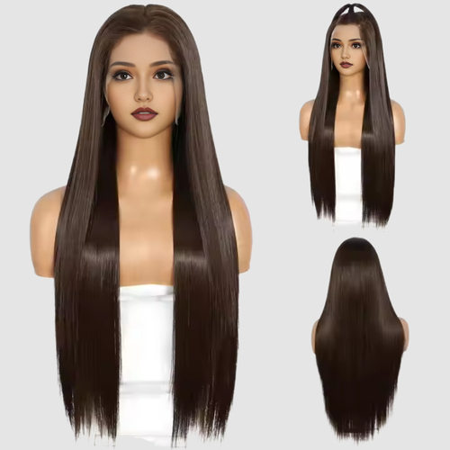 深棕色金色黑色前蕾丝半手工整顶假发外贸synthetic brown wig