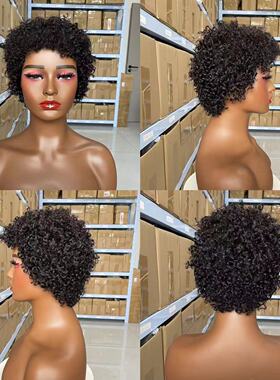 Human Hair Afro Kinky Curly Wigs 真人发非洲卷发短假发头套