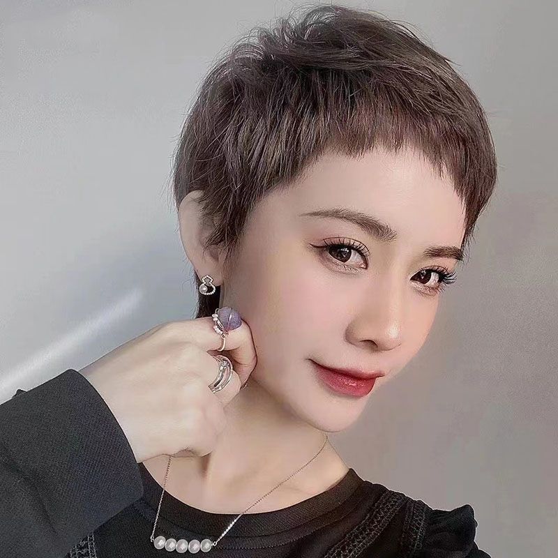 假发真发女短发狗啃刘海假发套新款时尚自然全头套真发全真人发丝