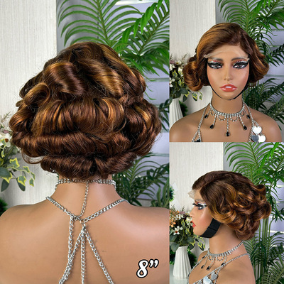 5*5 bouncy彩色短发渐变前蕾丝真发头套高光pixie curl lace wigs