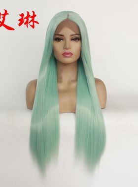 欧美新品时尚款化纤前蕾丝头套淡蓝绿色长直发半手织假发外贸批发
