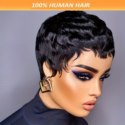 6inch Short Pixie Cut with Bangs真人发无蕾丝发套human  hair