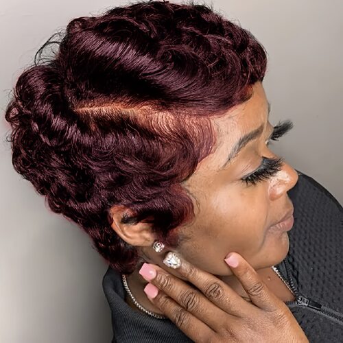 6inch 99J 13X4 Frontal Lace Pixie Wig curly wave短款人发