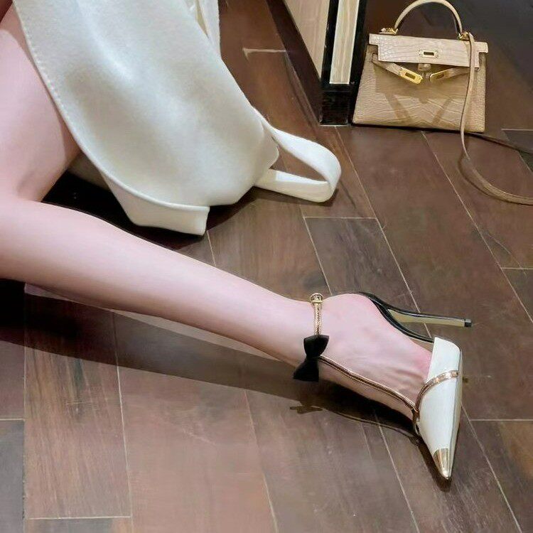 2025网红同款尖头蝴蝶结高跟鞋女细跟一字带包头凉鞋绝美仙女单鞋