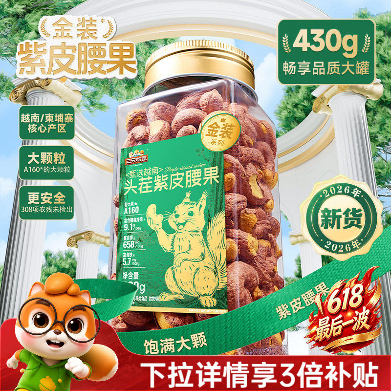 三只松鼠金装越南紫皮腰果430g罐装坚果腰果2026新货休闲健康零食