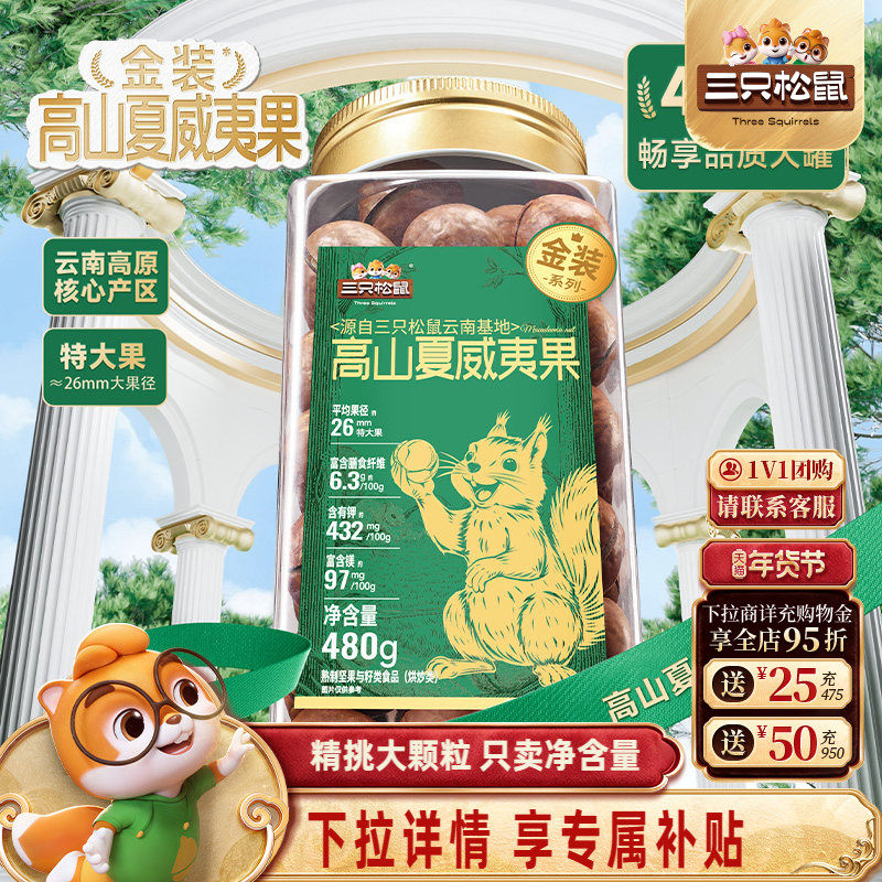 三只松鼠金装夏威夷果480g大颗粒罐装坚果干果仁早餐休闲健康零食,零食/坚果/特产,夏威夷果,淘宝优惠券,粉丝福利购,淘宝优惠卷