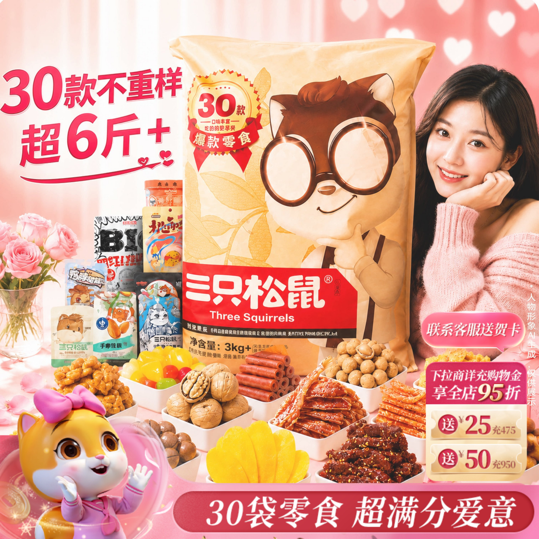 三只松鼠巨型零食大礼包30包坚果肉类零食小吃七夕礼物送女友