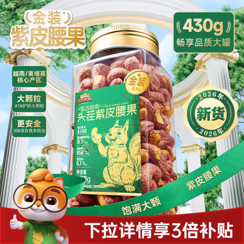 三只松鼠金装越南紫皮腰果430g罐装坚果腰果2026新货休闲健康零食