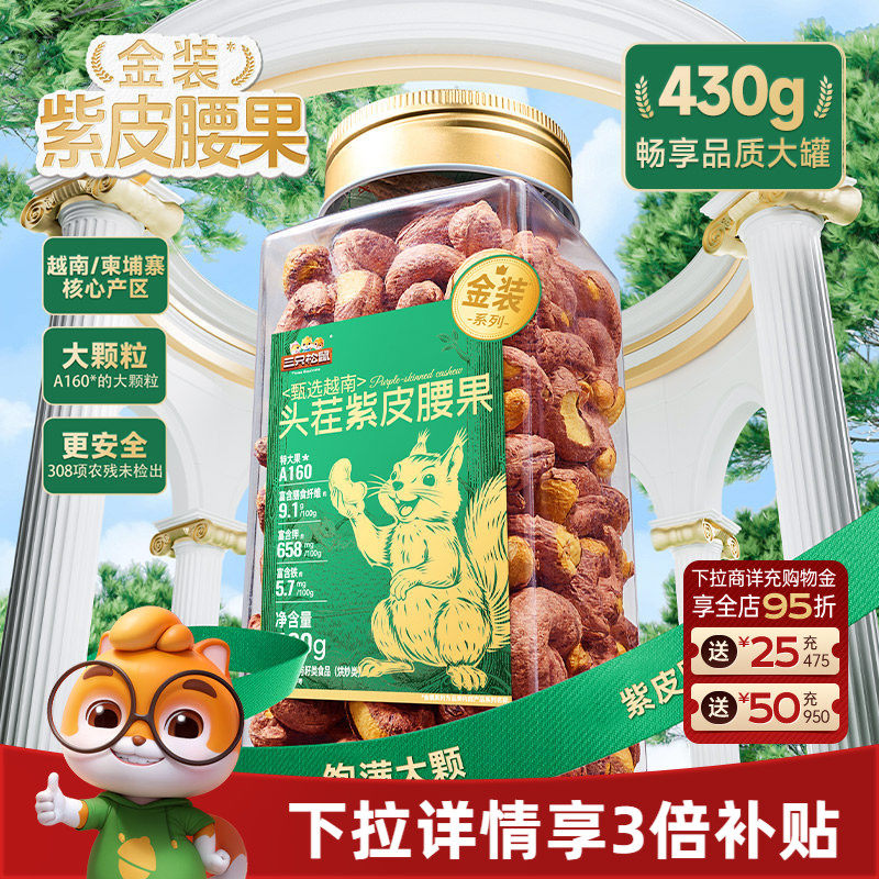 三只松鼠金装越南紫皮腰果430g罐装坚果腰果2026新货休闲健康零食