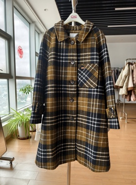 Lagogo拉谷谷冬季新款高级感格子毛呢大衣外套女通勤中长款