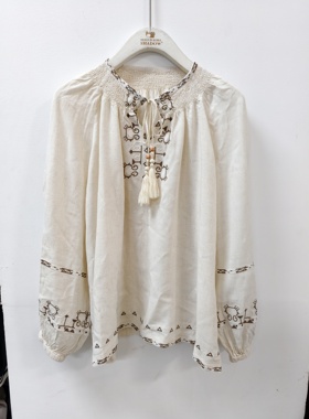 热女士衬衫2025年秋季新款女士撞色刺绣衬衫F02W25312波西米亚风