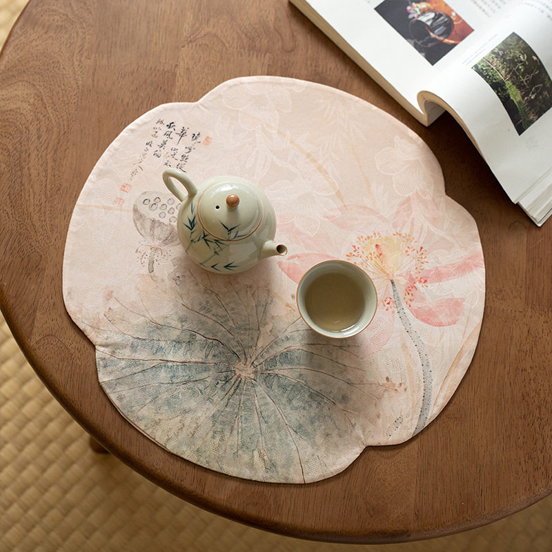 布艺圆形干泡茶席垫子新中式海棠禅意双面隔热复古桌布茶布茶席