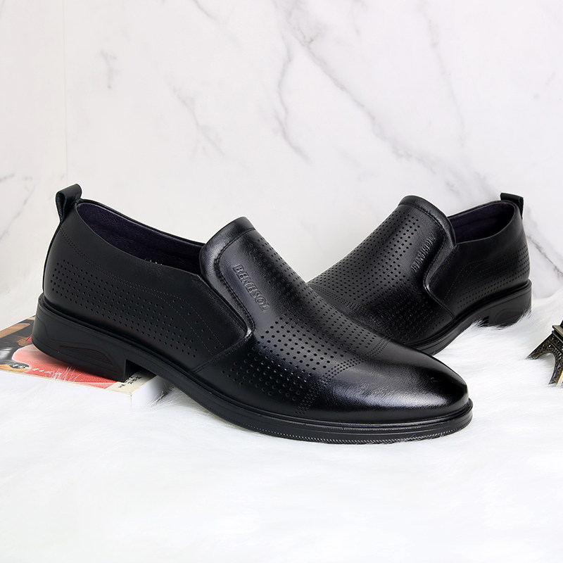 邦赛2024新款真皮潮流男士夏天休闲皮鞋男透气镂空英伦风软底男鞋