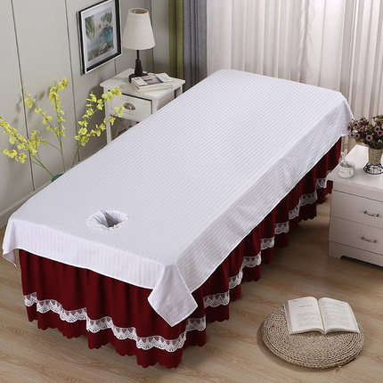 全棉美容床单美容院专用纯棉白色按摩推拿床带洞棉布条纹粉可定做