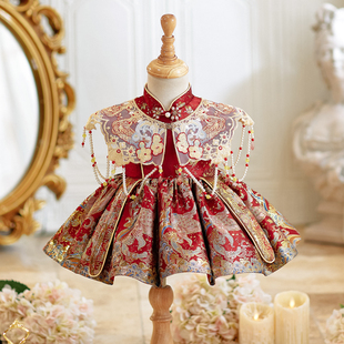 周岁女宝宝礼服新中式婴儿生日公主裙红色喜庆拜年服国风唐装夏季
