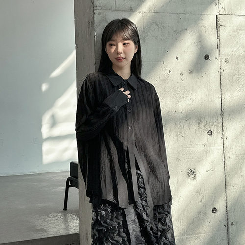 HXL早春慵懒黑色条纹肌理简约宽松显瘦长袖衬衫设计感中长款上衣